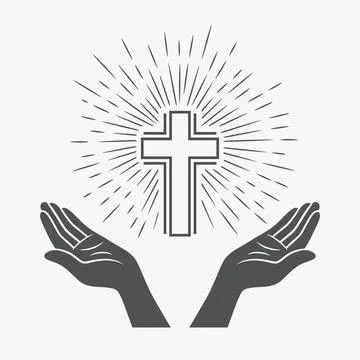 Vector Black and White Open Hands Silhouette with Cross and Rays. Symbol of 스톡 일러스트