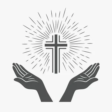Vector Black and White Open Hands Silhouette with Cross and Rays. Symbol of 스톡 일러스트
