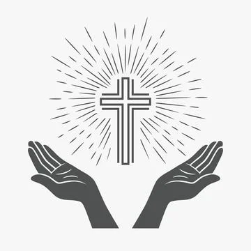 Vector Black and White Open Hands Silhouette with Cross and Rays. Symbol of 스톡 일러스트