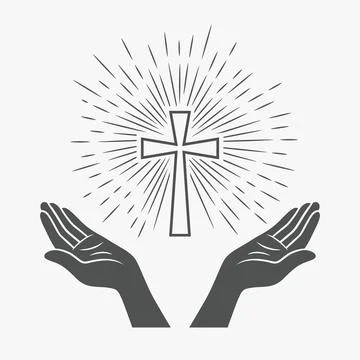 Vector Black and White Open Hands Silhouette with Cross and Rays. Symbol of Stock Illustration
