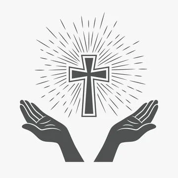 Vector Black and White Open Hands Silhouette with Cross and Rays. Symbol of.. Stock Illustration