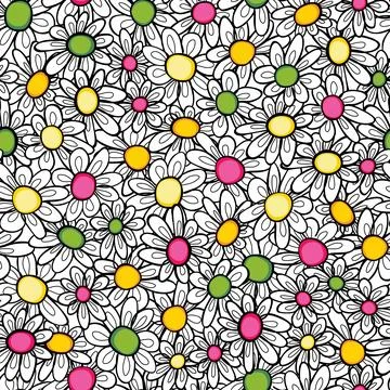 Vector black and white outlines fun daisy flowers repeat pattern with colou.. Stock Illustration