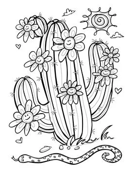 Vector black and white outlines cute cartoon cactus illustration with happy d Stock Illustration