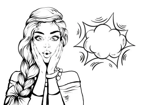 Vector Black and white poster of beautiful woman face in pop art style isolated Stock Illustration