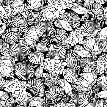 Vector black and white repeat pattern with variety of overlaping seashells. P Stock Illustration