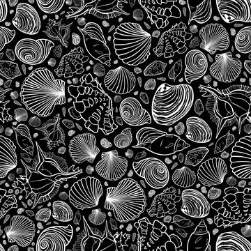 Vector black and white repeat pattern with variety of seashells. Perfect for  Stock Illustration