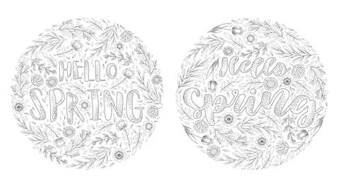 Vector black and white round frame from hand drawn flowers, leaves, floral el Stock Illustration