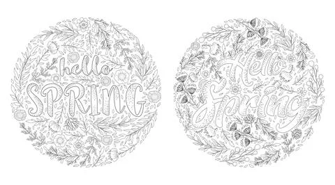 Vector black and white round frame from hand drawn flowers, leaves, floral el Stockillustratie