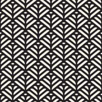 Vector Black And White Seamless Organic Floral Lines Grid Geometric Pattern Illustrazione stock