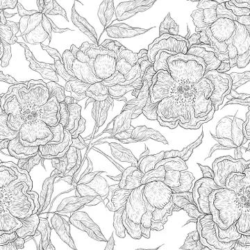 Vector black and white seamless pattern of paeony flowers. Blooming peony with 스톡 일러스트