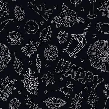 Vector black and white seamless pattern with flowers, leaves, twigs and Stock Illustration