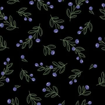 Vector black and white seamless pattern with blueberry on a dark background. Stock Illustration