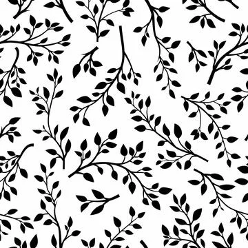 Vector Black and White Seamless Pattern with Tree Brunches. Flat Cartoon Twig Illustrazione stock