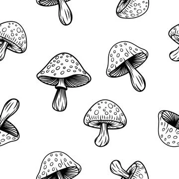 Vector Black and White Seamless Pattern with Hand Drawn Cartoon Mushrooms Stock Illustration