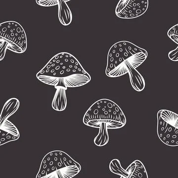 Vector Black and White Seamless Pattern with Hand Drawn Cartoon Mushrooms 스톡 일러스트