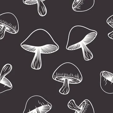 Vector Black and White Seamless Pattern with Hand Drawn Cartoon Mushrooms イラスト素材