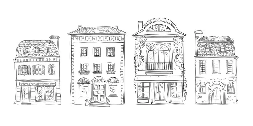 Vector black and white set of sketch illustration of vintage European homes. Stock Illustration