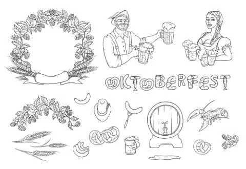 Vector black and white set Oktoberfest. Isolated sketch illustration of man and Stock Illustration