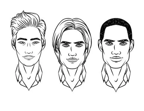Vector black and white set of men's faces different nationalities. Asian, eur Stock Illustration