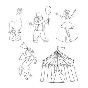 Vector black and white set with circus animals isolated on white. Cute funny Stock Illustration