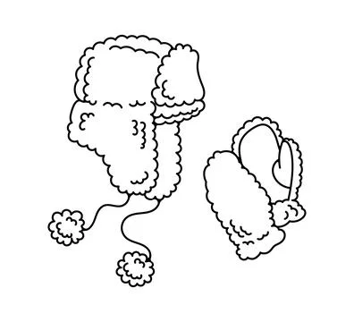 Vector black and white set of winter hat and fur mittens set. Hat with ear fl Stock Illustration