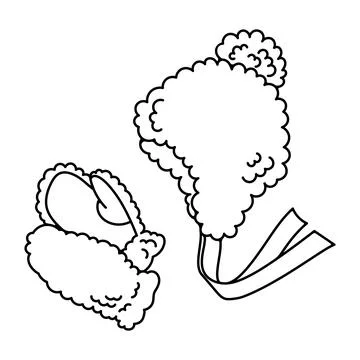 Vector black and white set of winter hat and fur mittens set. Children's acce Stock Illustration