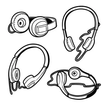 Vector black and white sketch illustration of set of headphones with microphone Stock Illustration