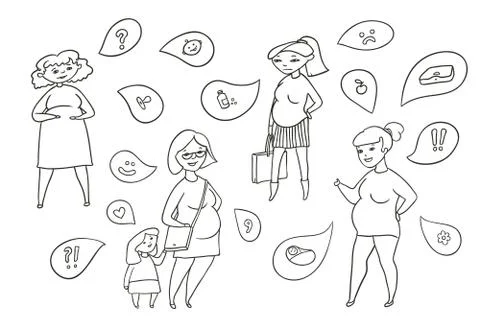 Vector black and white sketch illustration set of pregnant women. Stock Illustration