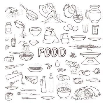 Vector black and white sketch collection set food products, beverages, kitchen Stock Illustration