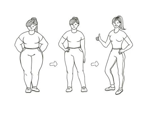 Vector black and white sketch illustration of how fat girl loses weight. Young Stock Illustration