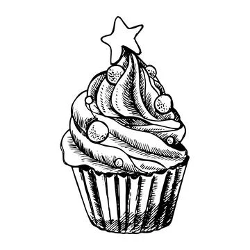 Vector black and white sketch illustration of cute creamy sweet cupcake. can be Stock Illustration
