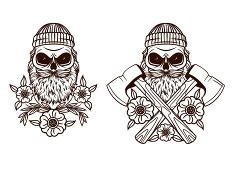 Vector black and white Tattoo of skull lumberjack. Print design of skull with Stock Illustration