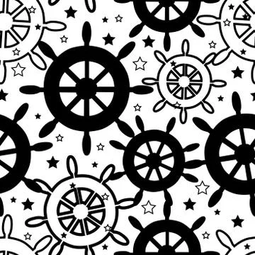 Vector black and white wheels repeat seamless pattern with stars and circles on Stockillustratie