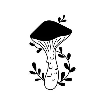 Vector black and white wild forest mushroom decorated with leaves on white ba Stock Illustration