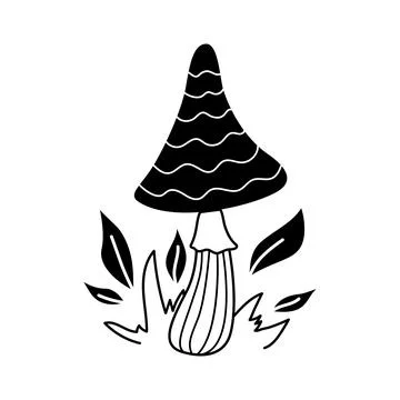 Vector black and white wild forest mushroom with leaves and grass. Autumn bot Stock Illustration