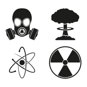 Vector black atom icons set nuclear danger. Isolated. Stock Illustration