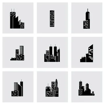 Vector black building icon set Stock Illustration