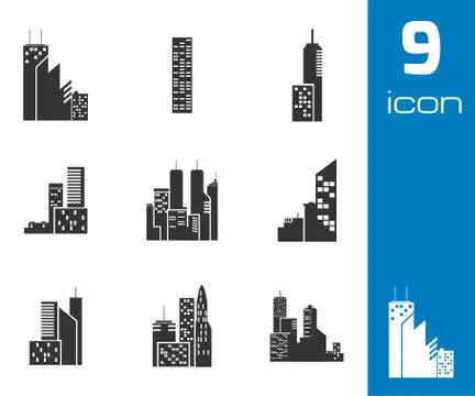 Vector black building icons set Stock Illustration