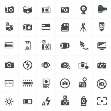 Vector black camera icon set on gray Stock Illustration