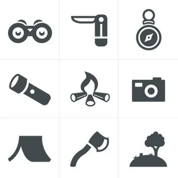 Vector black camping theme set on gray Stock Illustration