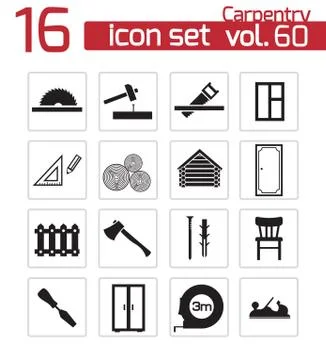 Vector black carpentry icons set Stock Illustration