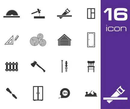 Vector black carpentry icons set Stock Illustration