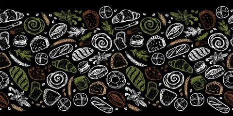 Vector black chalkboard style hand drawn bakery horizontal border pattern. Su Stock Illustration