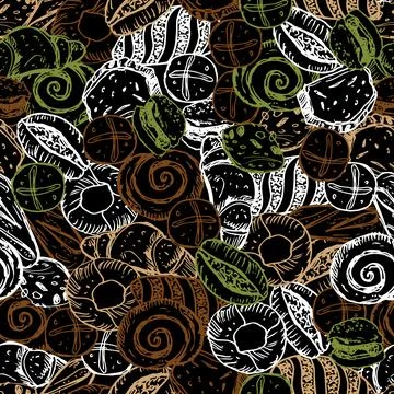 Vector black chalkboard style hand drawn bakery overlapping breads seamless r Stock Illustration