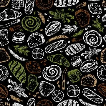 Vector black chalkboard style hand drawn bakery seamless repeat pattern. Suit Illustrazione stock