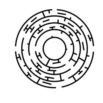 Vector Black Circle Maze, Red Line from in to out with arrow Stock Illustration