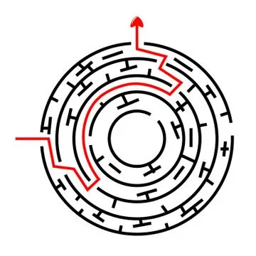 Vector Black Circle Maze, Red Line from in to out with arrow Stock Illustration