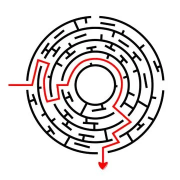 Vector Black Circle Maze, Red Line from in to out with arrow Illustrazione stock