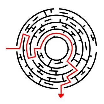 Vector Black Circle Maze, Red Line from in to out with arrow Stock Illustration