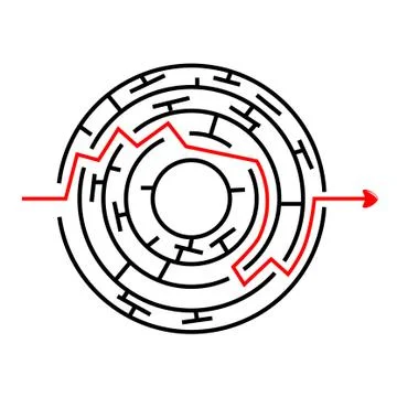 Vector Black Circle Maze, Red Line from in to out with arrow 스톡 일러스트